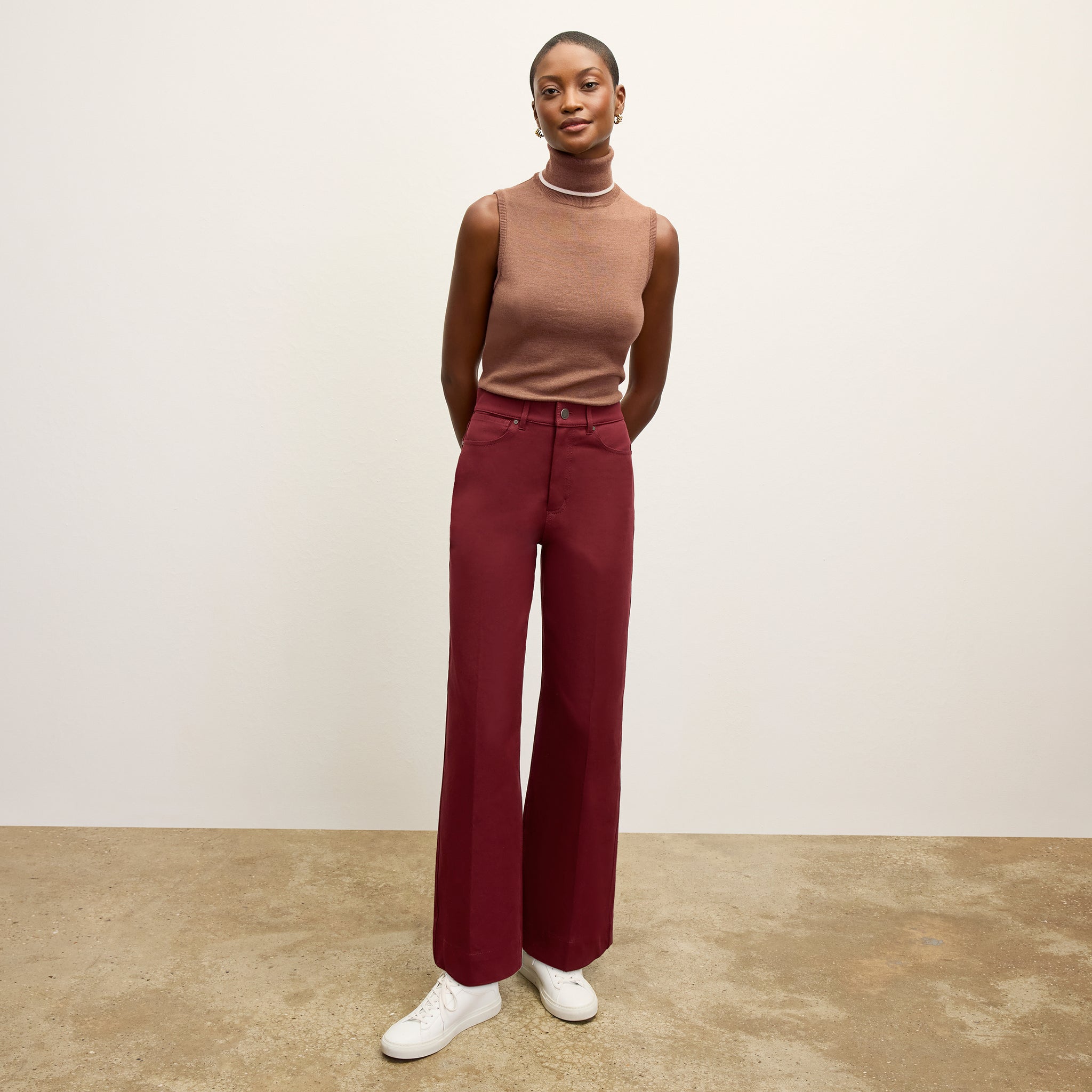 front image of a woman wearing the milo jean in berry jam 