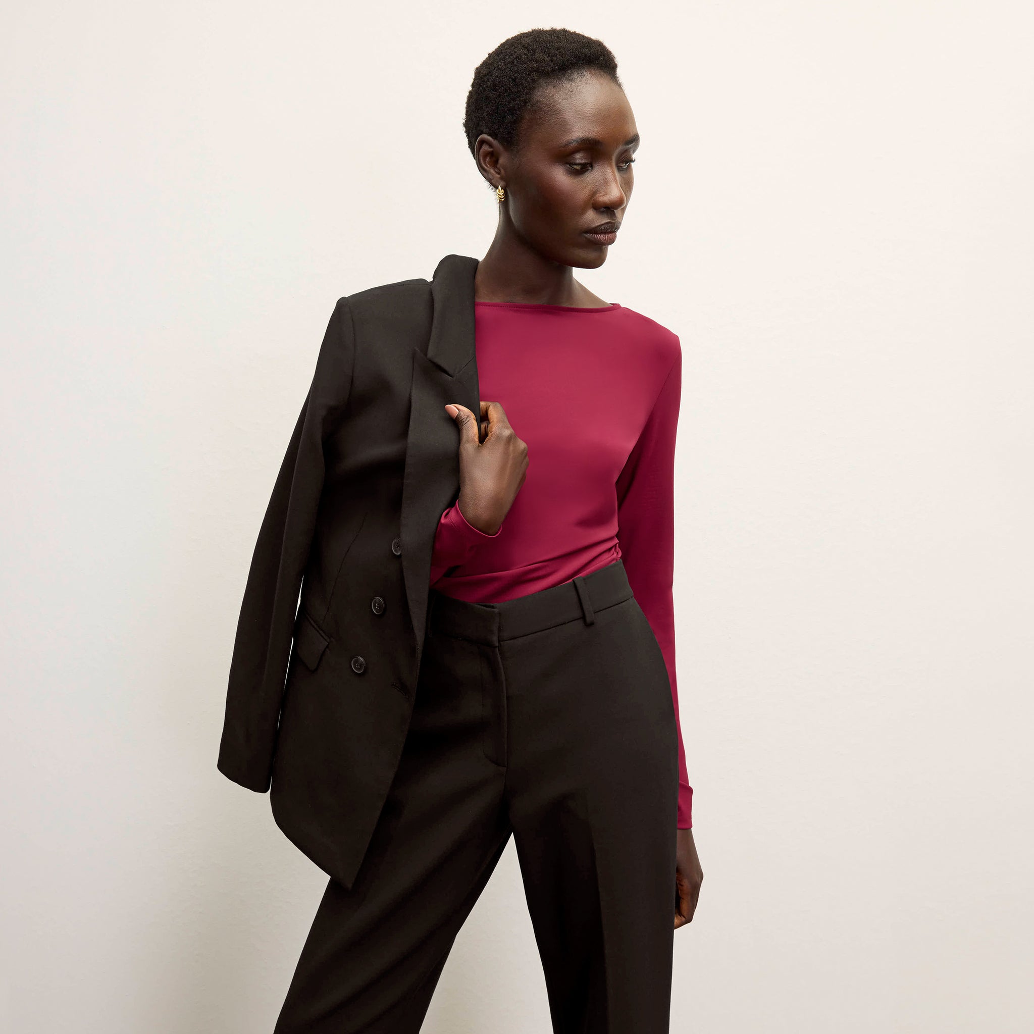 front image of a woman wearing the kati jacket in black