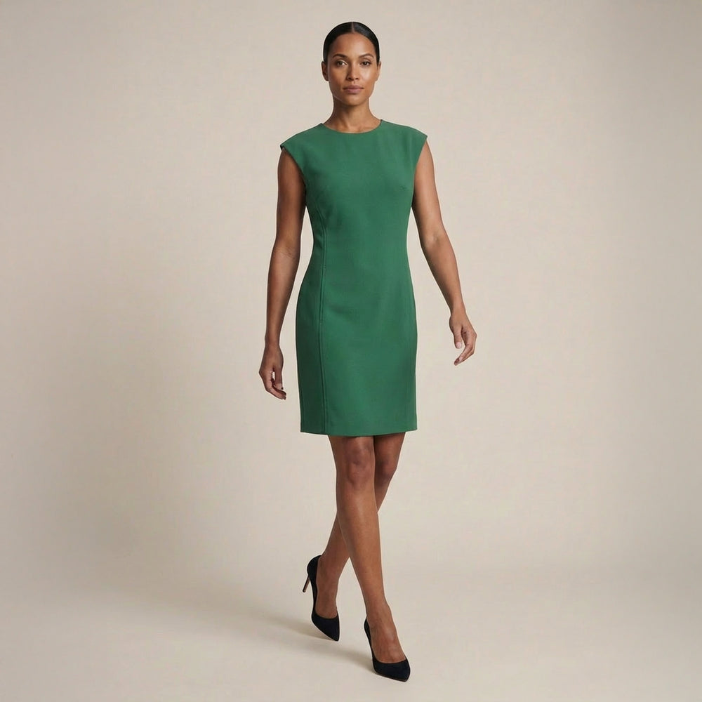 Woman wearing a green dress against a beige background