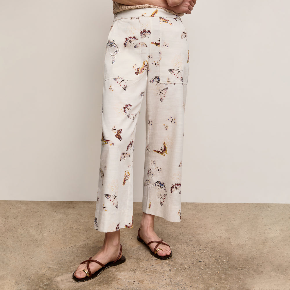 Front image of a woman wearing The Madelyn Pant - Airy Cotton :: Butterfly Print