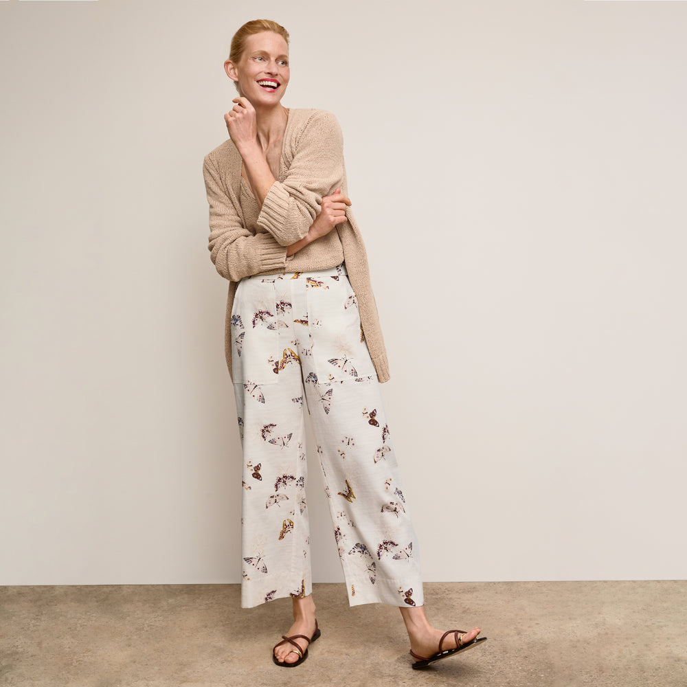 Front image of a woman wearing The Madelyn Pant - Airy Cotton :: Butterfly Print
