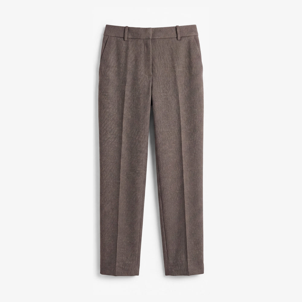 A pair of straight-leg trousers in a textured taupe-brown fabric, shown flat against a clean white background.