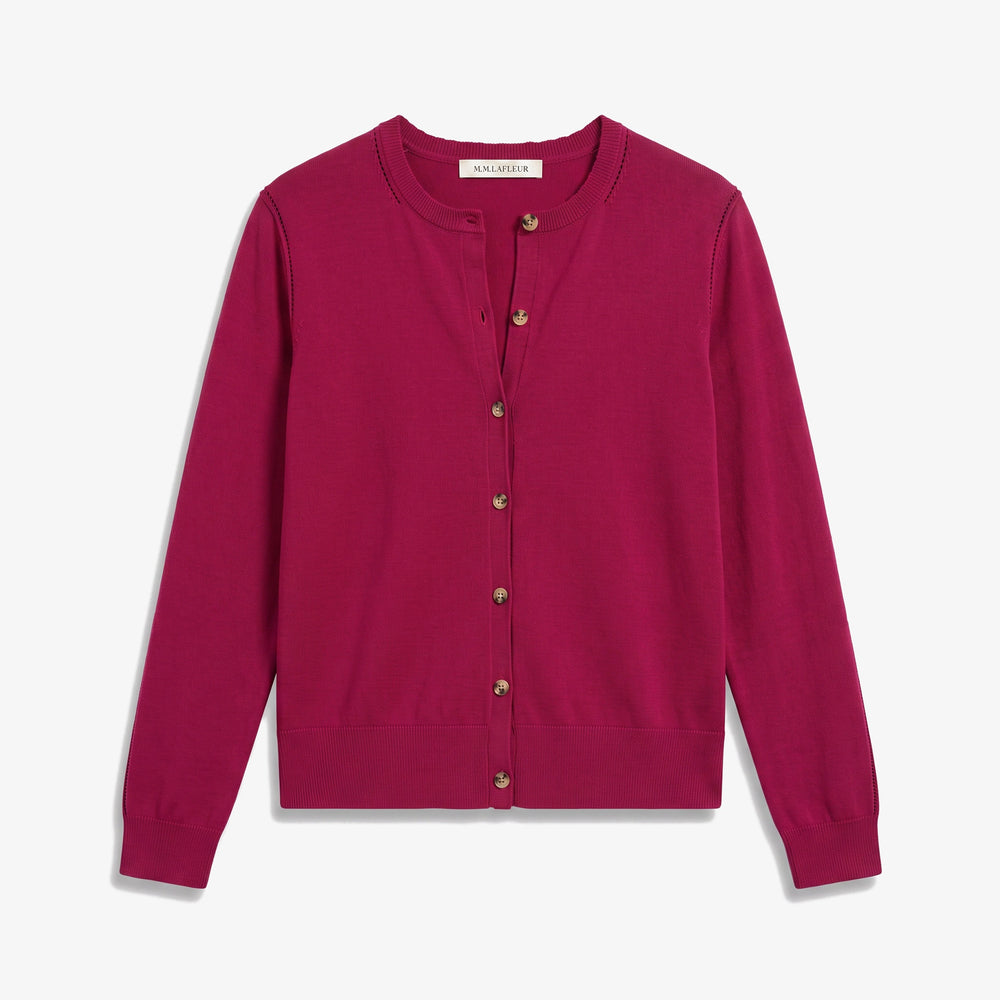 A magenta long-sleeve cardigan sweater with a button-up front, ribbed collar, cuffs, and hem, displayed on a clean white background.