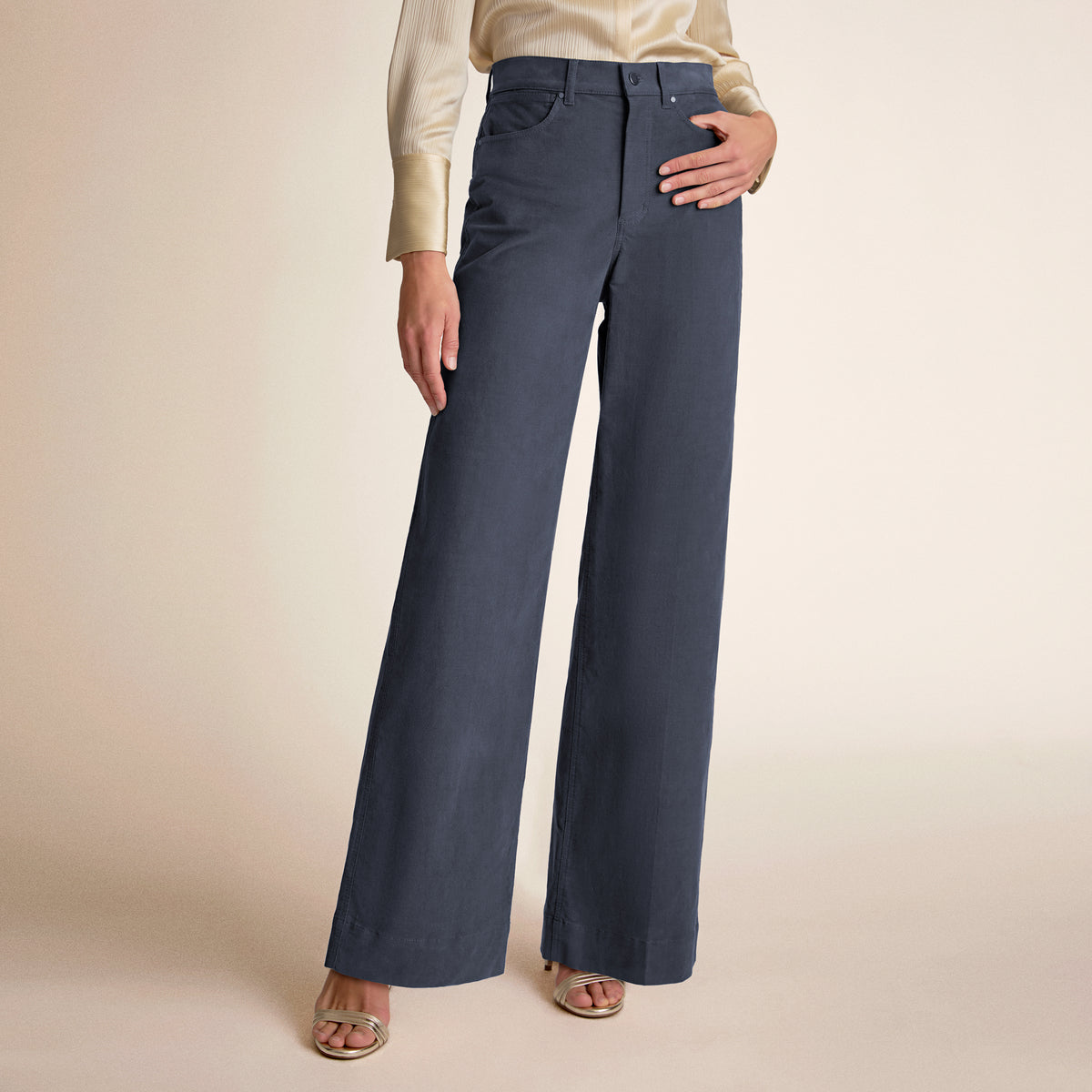 Navy blue wide-leg pants worn by a person on a beige background