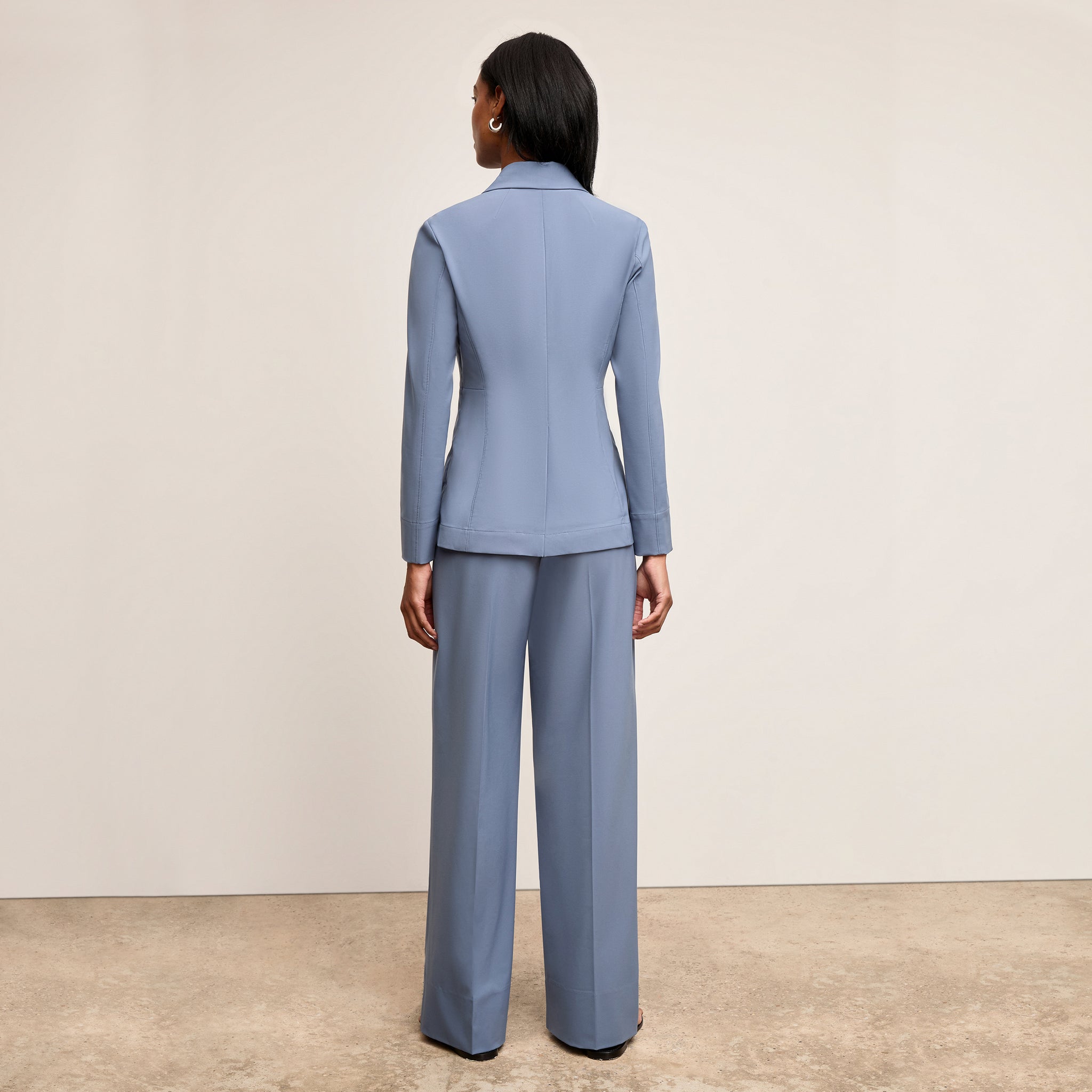 Back image of a woman wearing Moreland Travel Blazer - OrigamiTech :: Dusty Blue