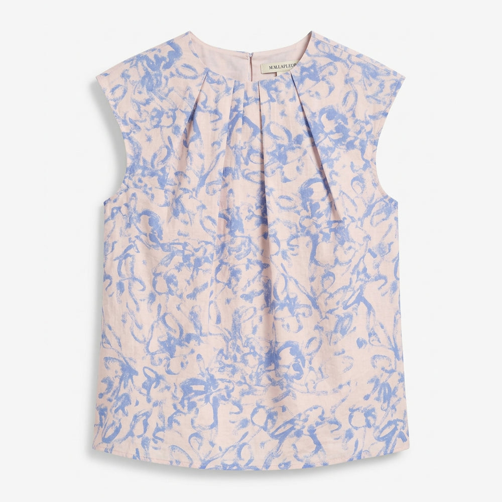 Sleeveless top with blue abstract pattern on a white background