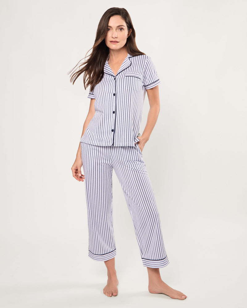 Petite Plume Pima Crop Pajama Set in Navy French Ticking
