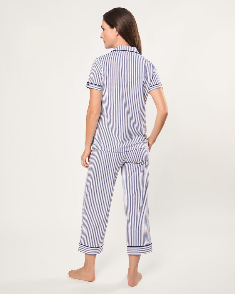 Petite Plume Pima Crop Pajama Set in Navy French Ticking