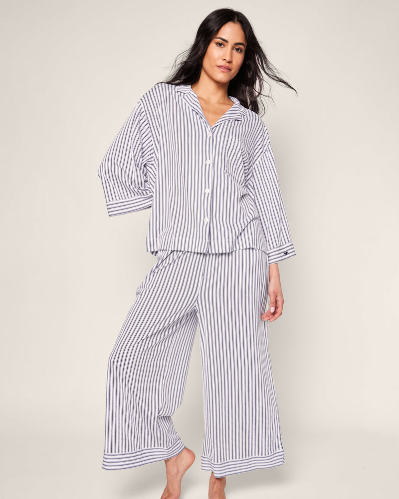 Petite Plume Olivia Wide Leg Pima Pajama Set in Navy French Ticking
