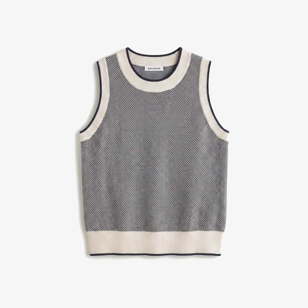 Gray sleeveless sweater with white trim on a white background