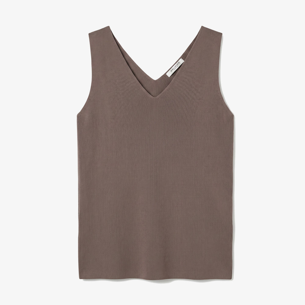 A sleeveless V-neck knit tank top in a muted taupe-brown color, displayed flat against a clean white background.