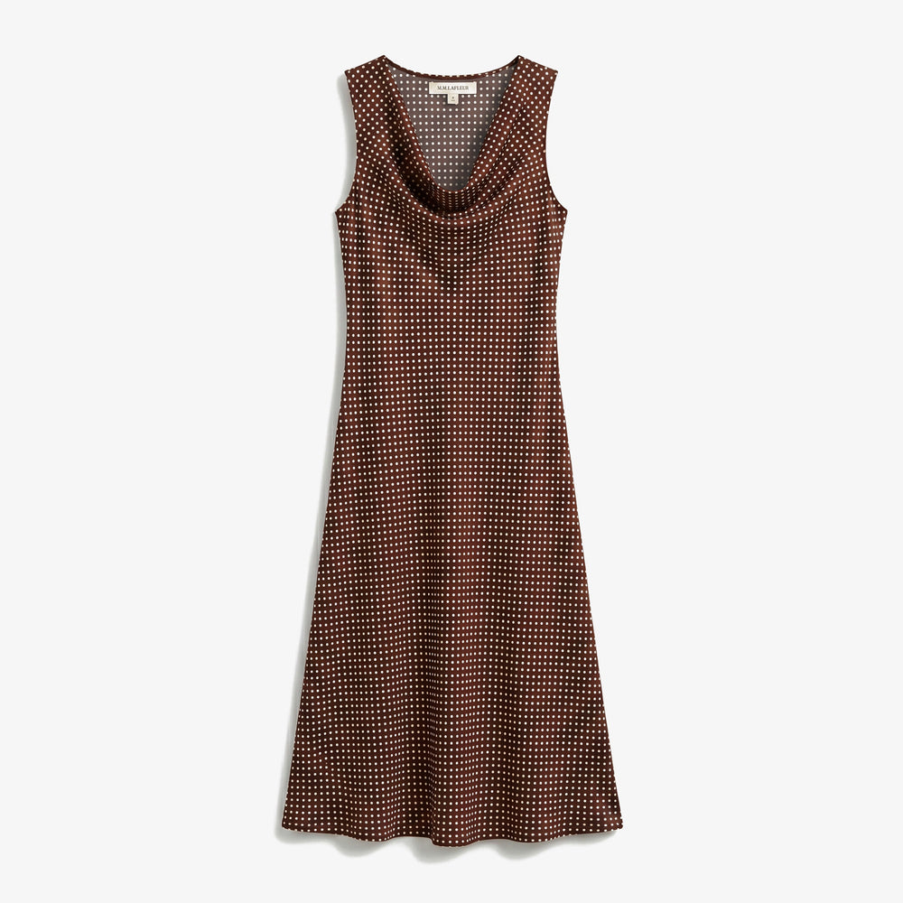 Packshot of a sleevless maxi dress in a brown and white dot print