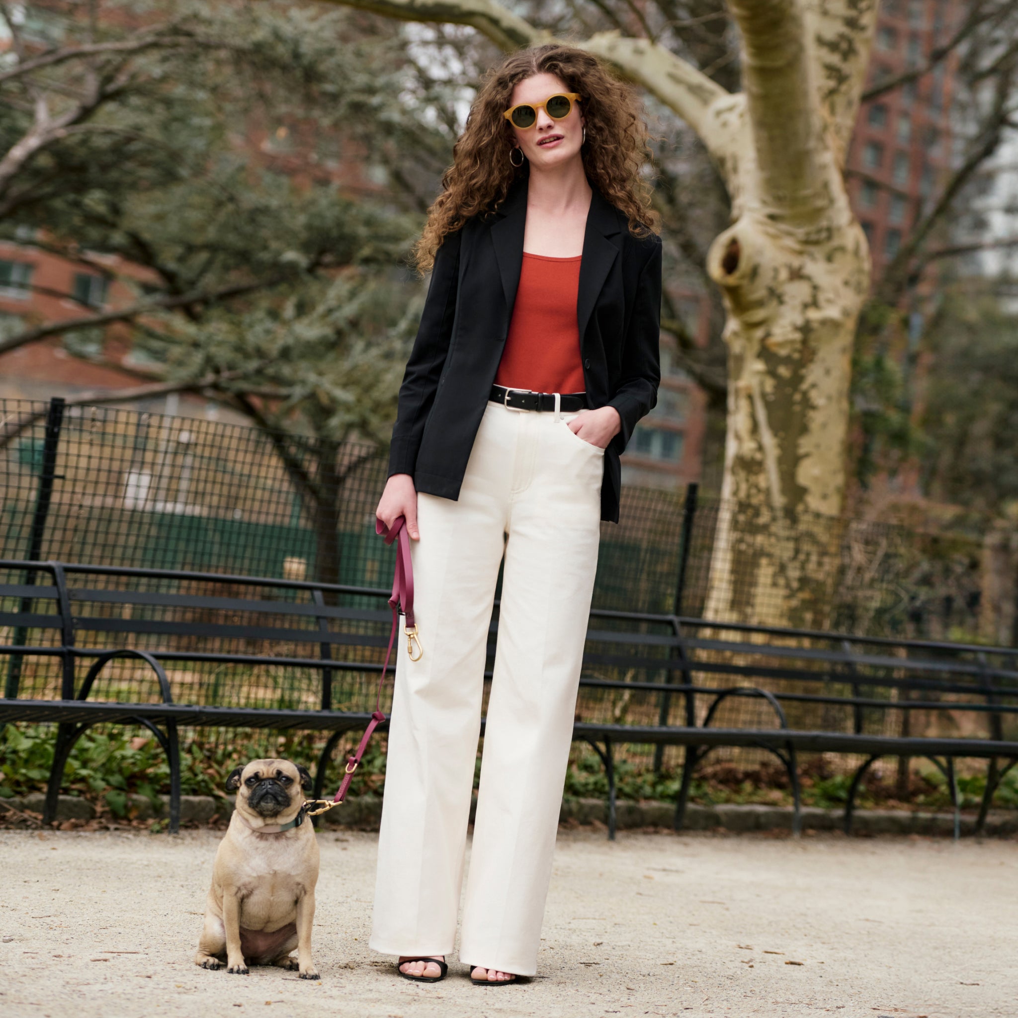 Front image of a woman wearing the Milo Jean in Tusk