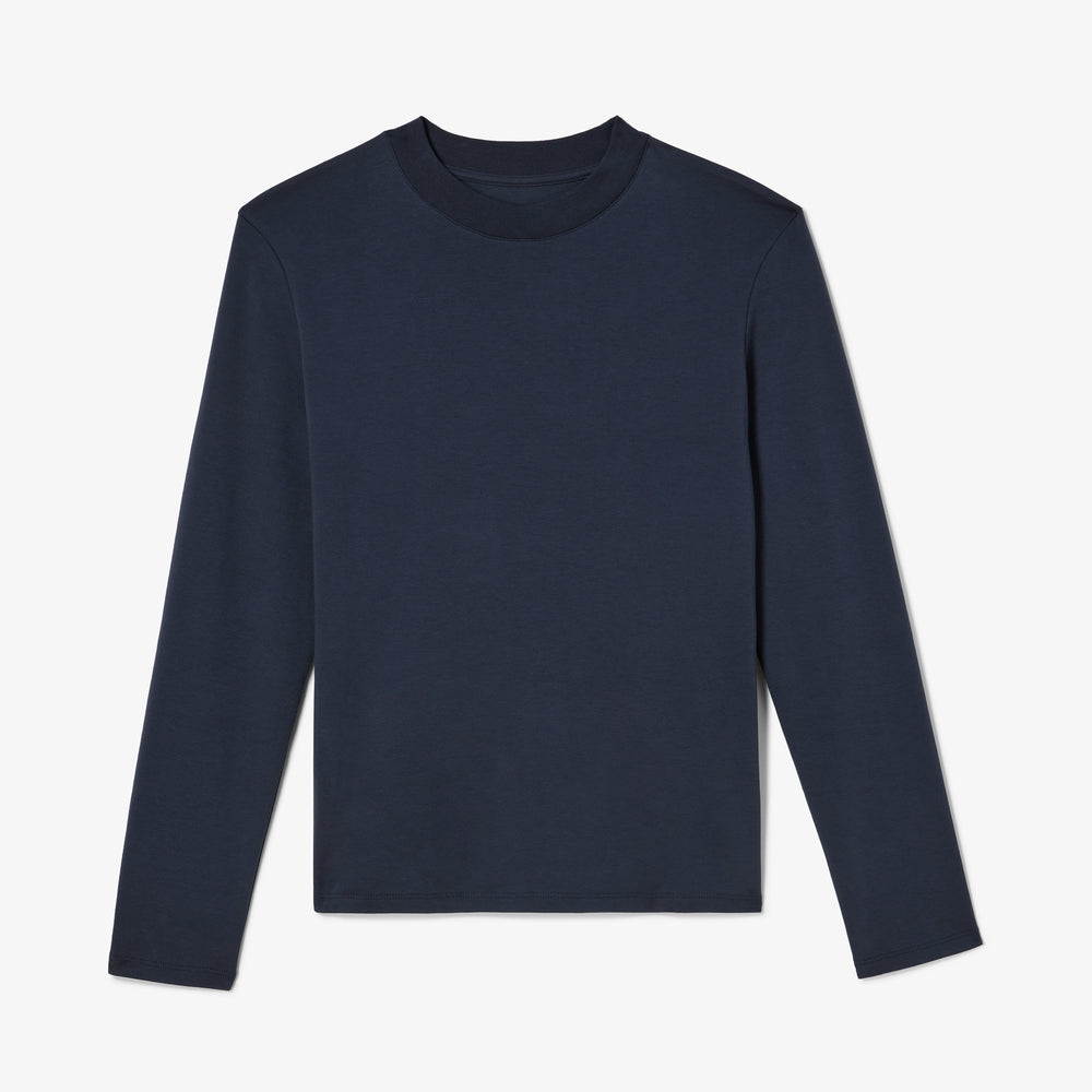 Navy long-sleeve shirt on a light gray background