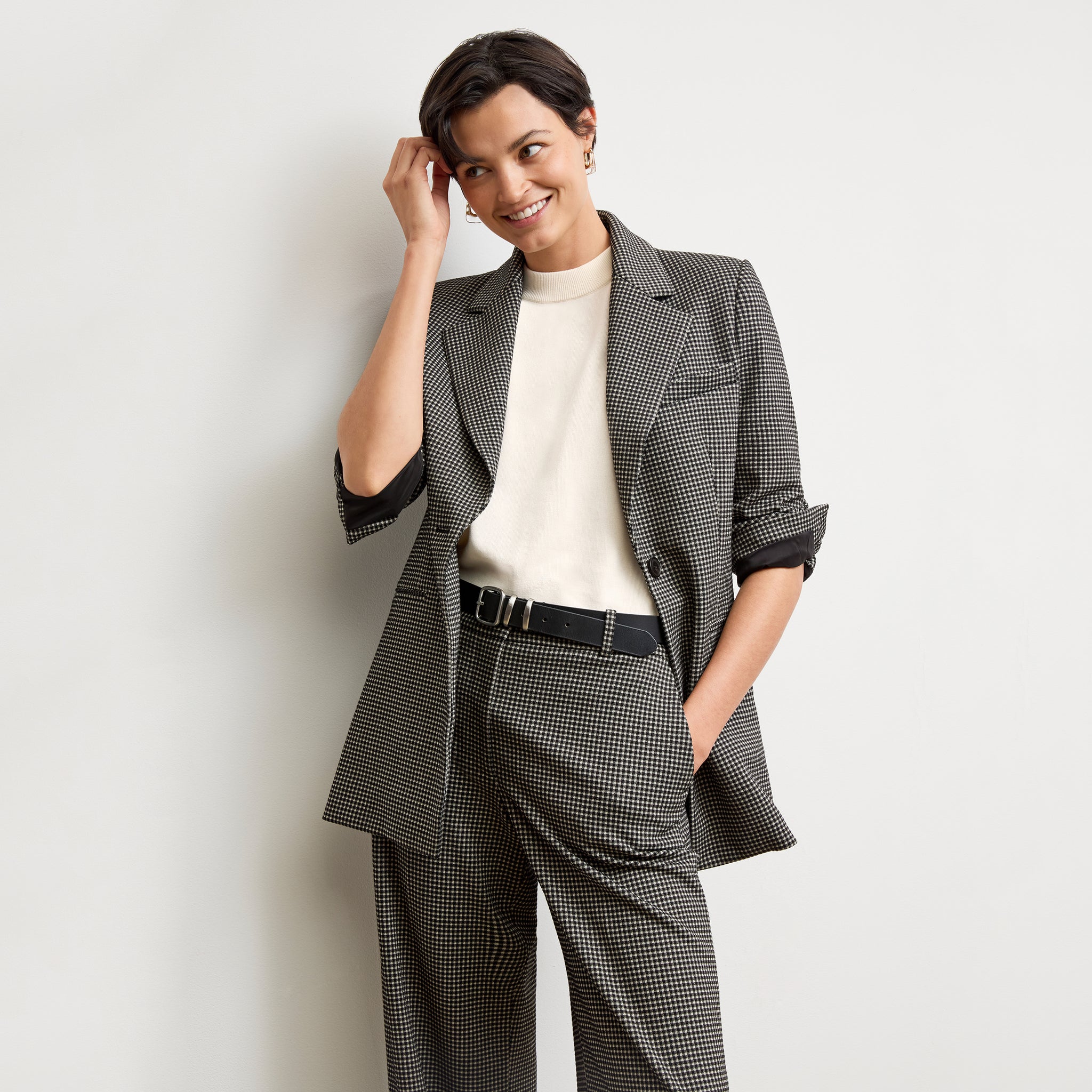 front image of a woman wearing the Tinsley Trousers in Classic Check 