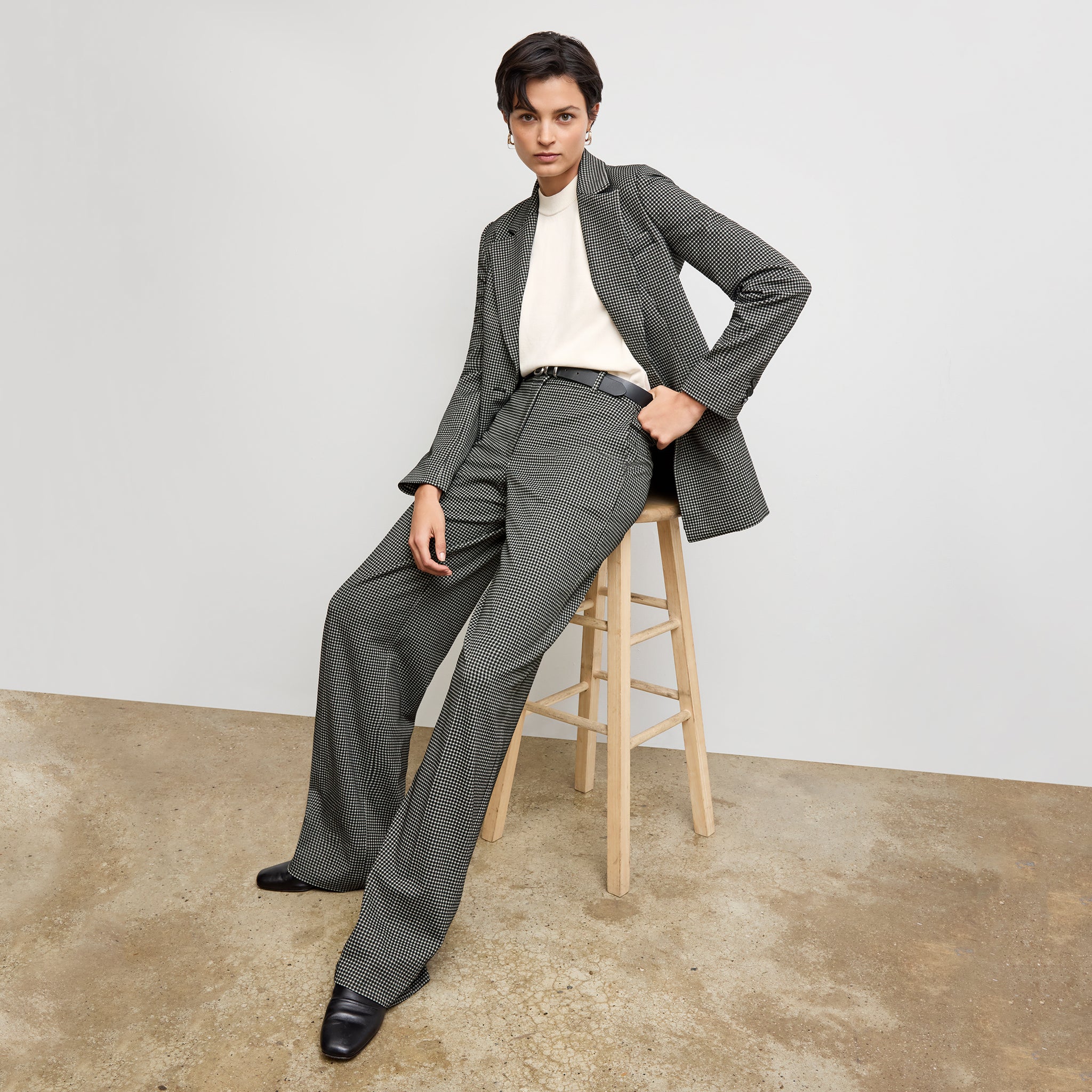 front image of a woman wearing the Tinsley Trousers in Classic Check 