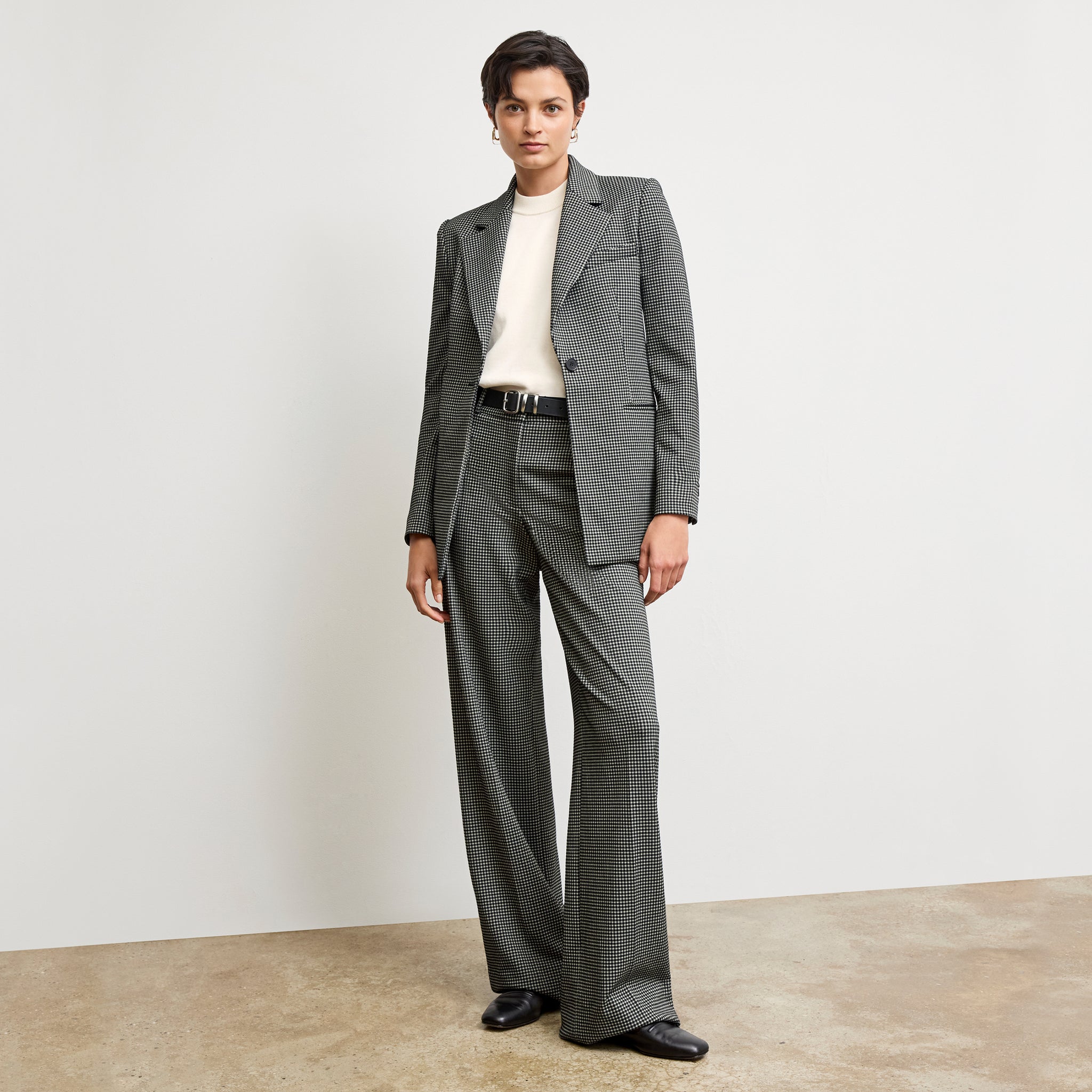 front image of a woman wearing the Tinsley Trousers in Classic Check 