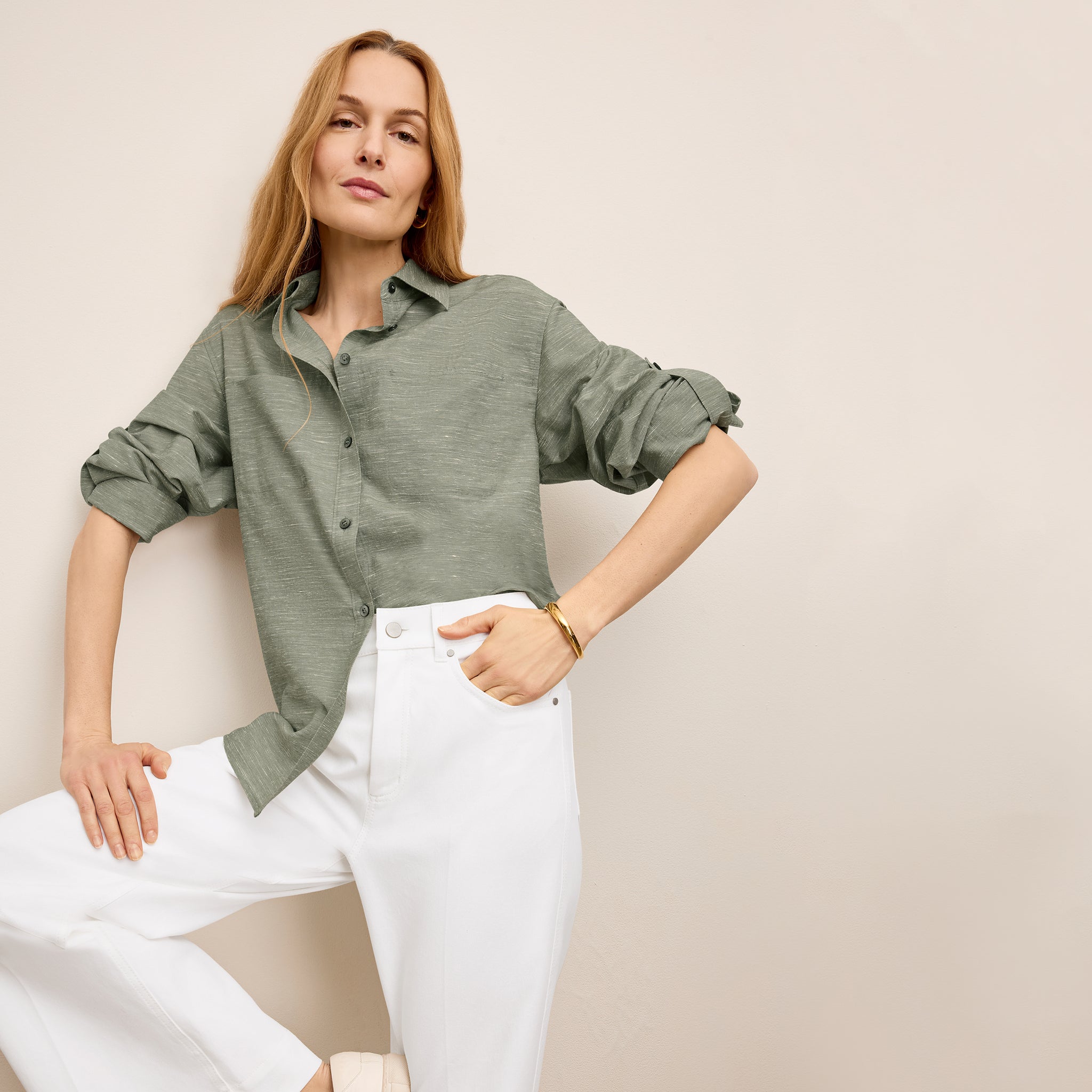 front image of a woman wearing the milo jeans in white
