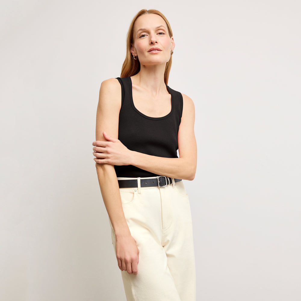 front image of a woman wearing the sabine top in black