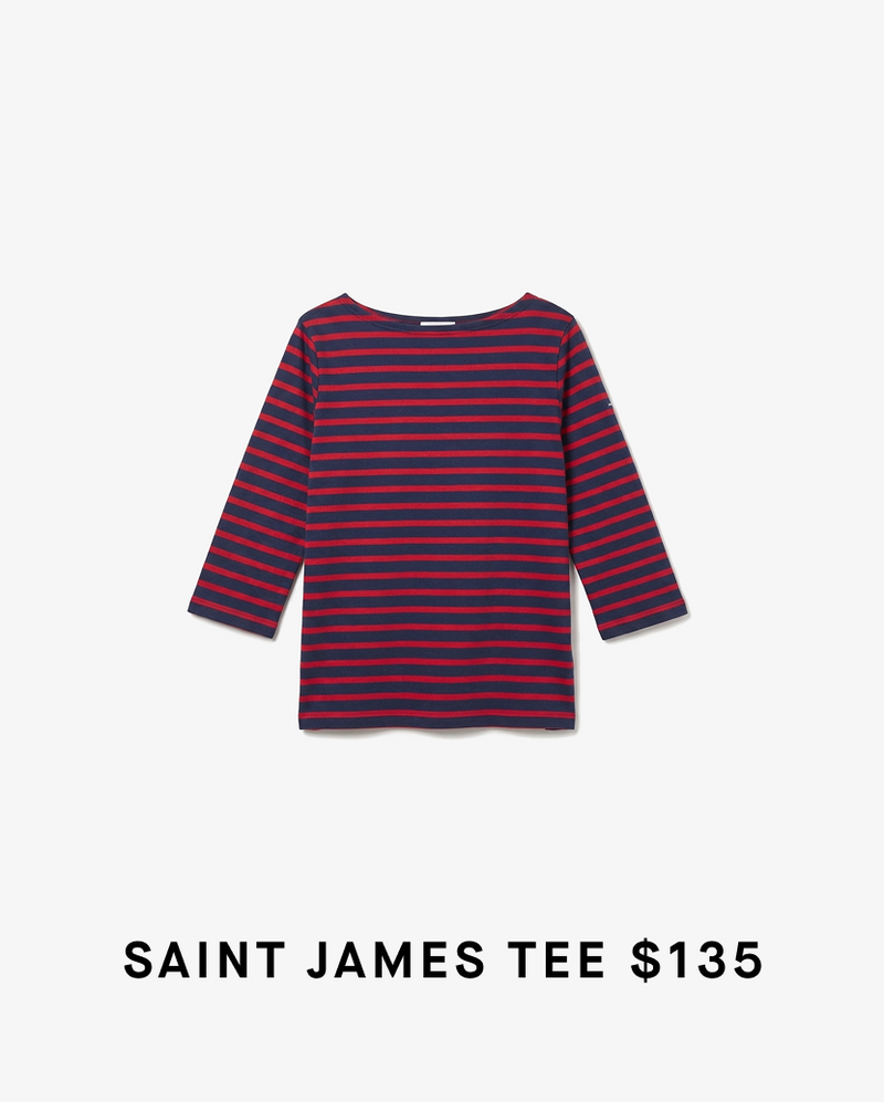 Red and blue striped shirt on a white background with 'Saint James Tee' text and price.