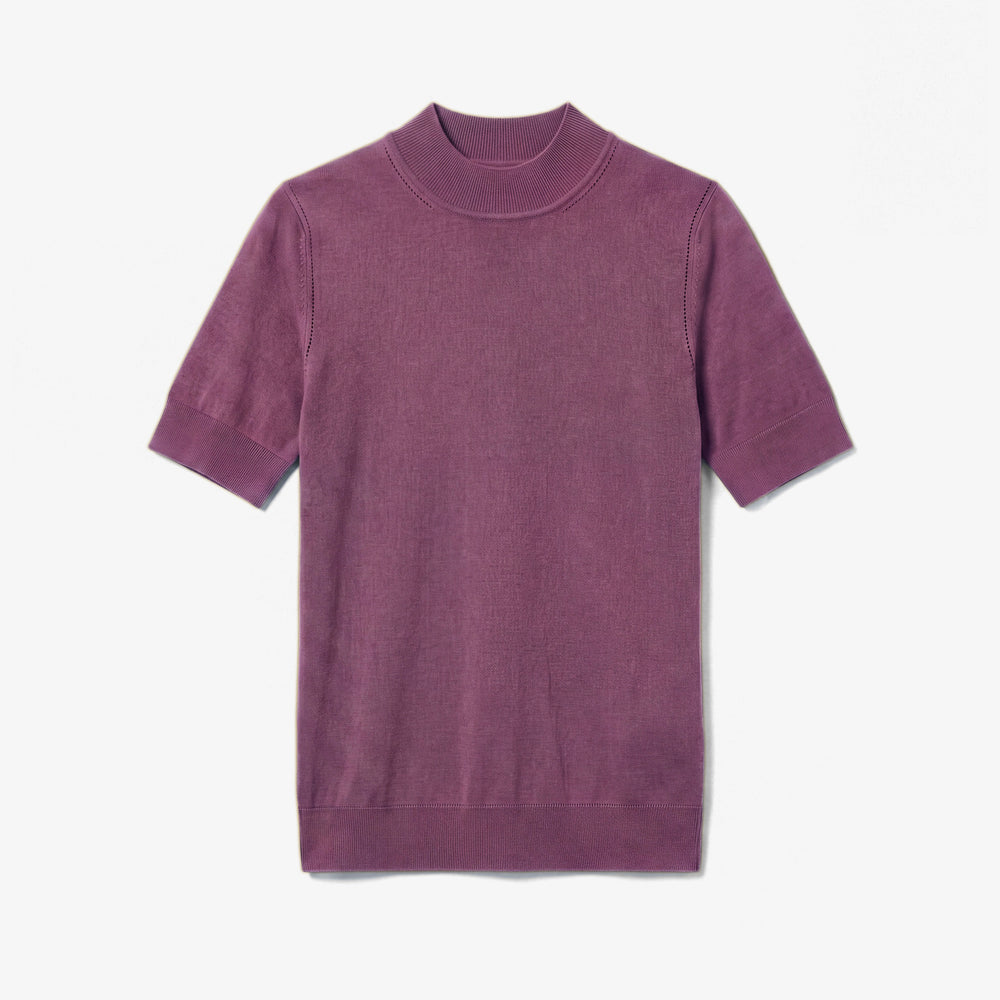 Purple fig colored short sleeve sweater with ribbed detailing on the neck, hem, and sleeves