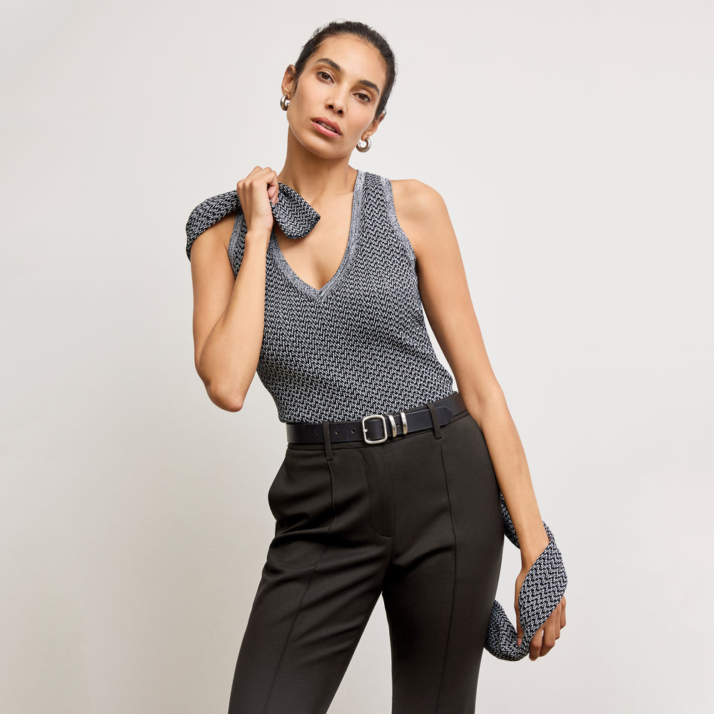 front image of a woman wearing the sonny top in mini chevron knit
