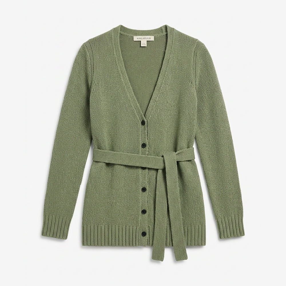 Green cardigan with buttons and a belt on a white background