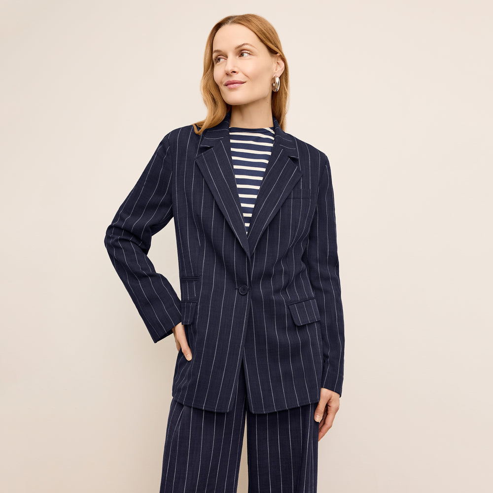 Front image of a woman wearing the Teddy Jacket in Porto Weave