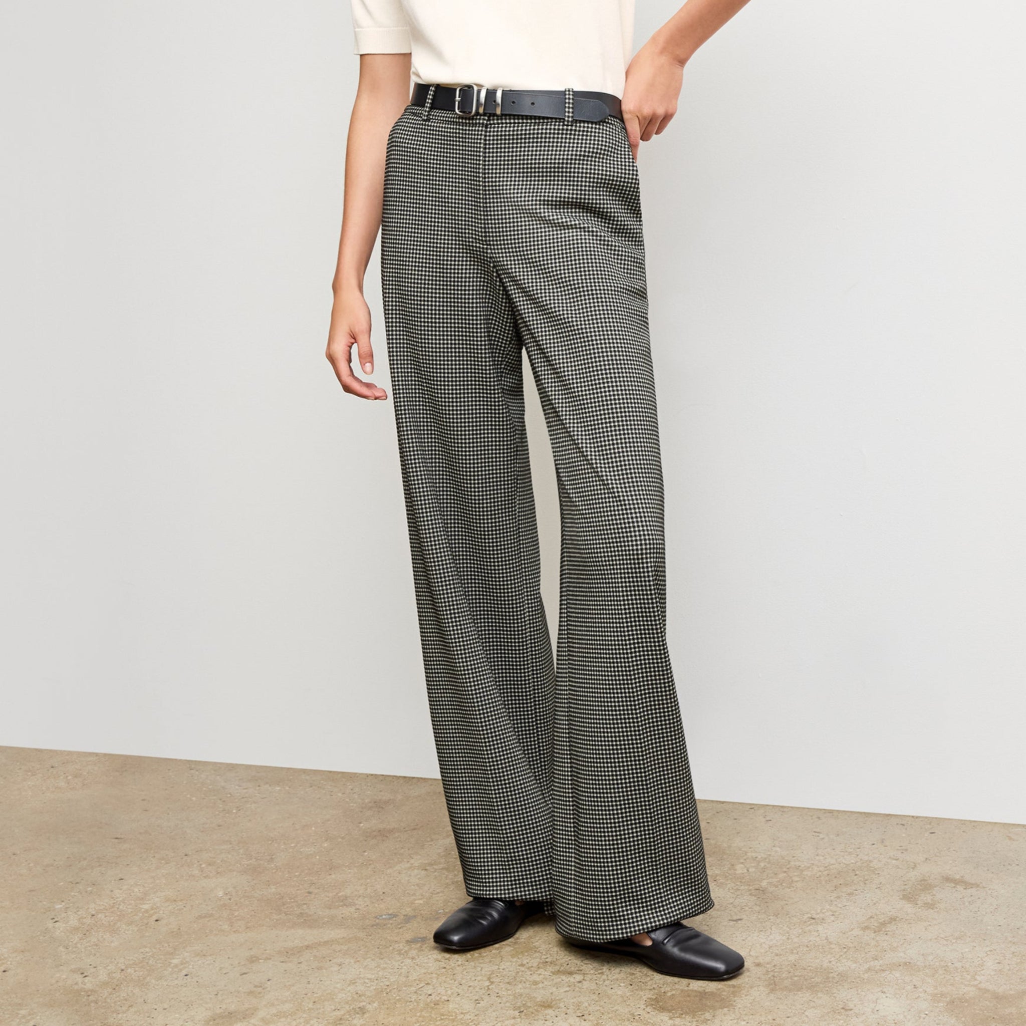 front image of a woman wearing the Tinsley Trousers in Classic Check 
