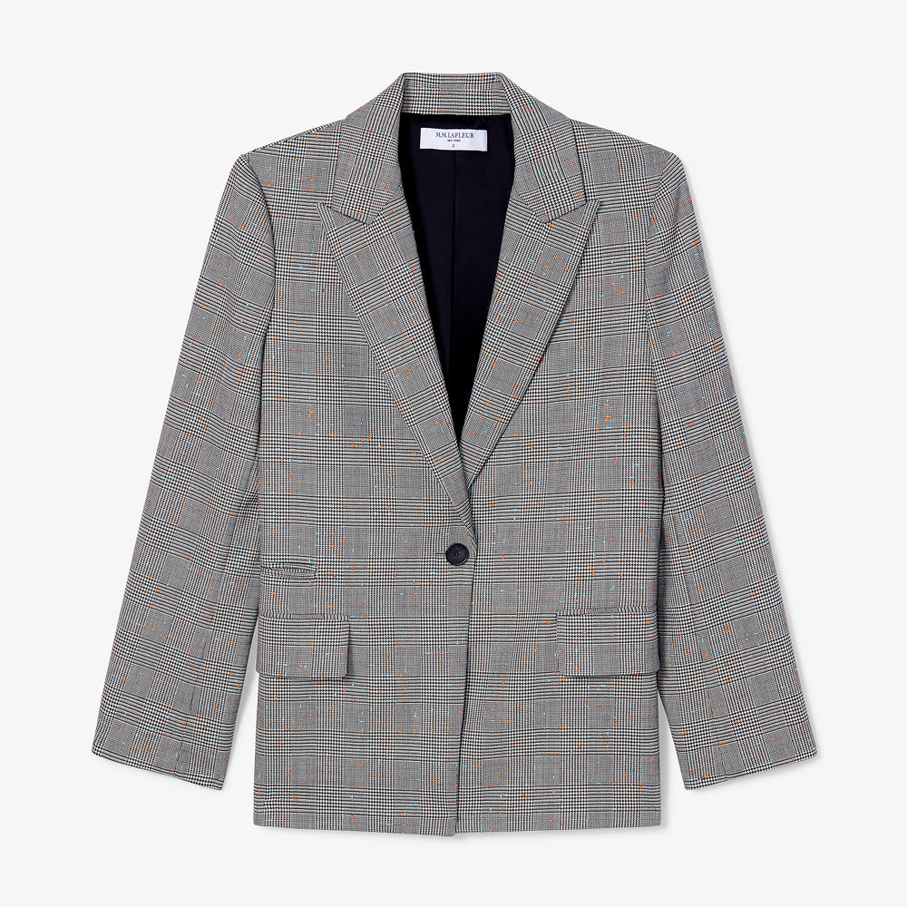 packshot image of a woman wearing the Tyner Blazer in Sharkskin in Mixed Check