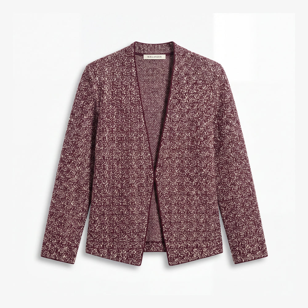 A women's open-front blazer in a textured marled tweed fabric, featuring a deep V-neckline and long sleeves, shown flat against a light gray background.