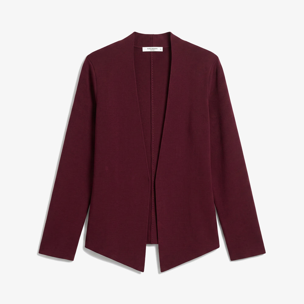 A long-sleeve open-front cardigan in deep burgundy, displayed flat against a clean white background.