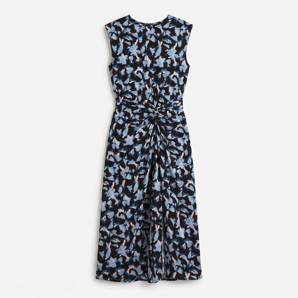 Packshot of a patterned navy and light blue printed sleeveless midi dress