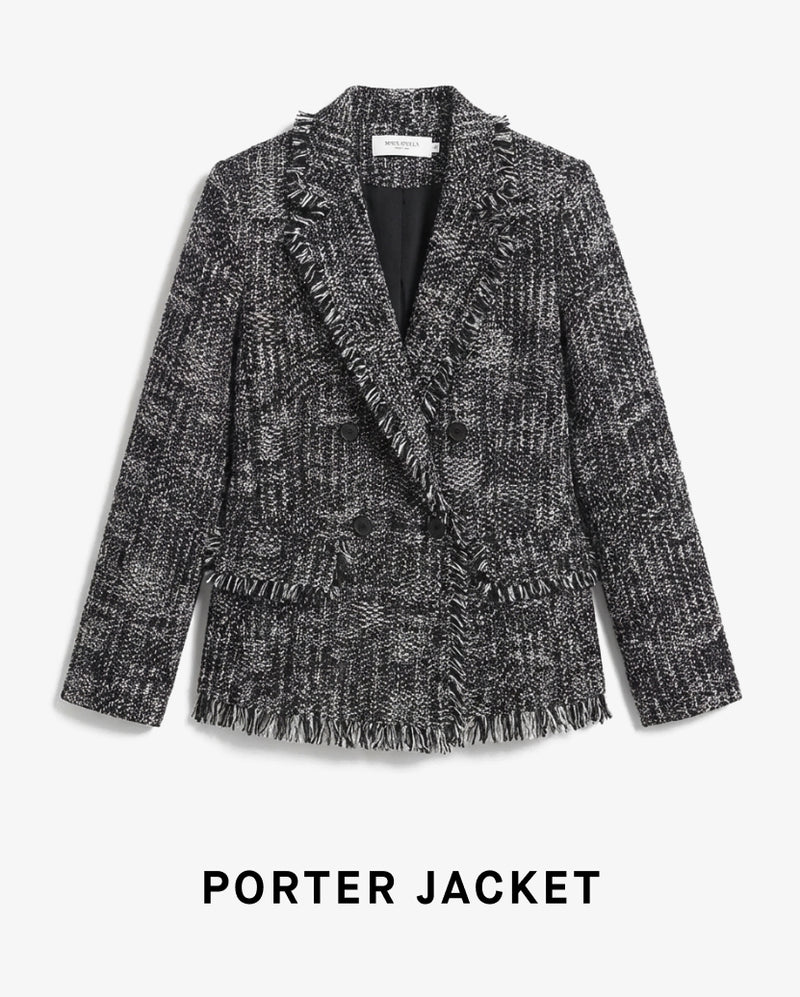 Black and gray patterned jacket on a white background with 'PORTER JACKET' text.