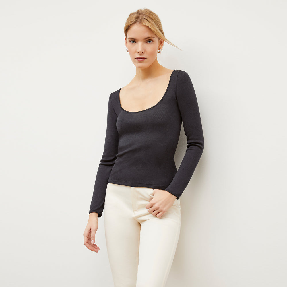 Front image of a woman wearing the Meg Top in Cool Onyx